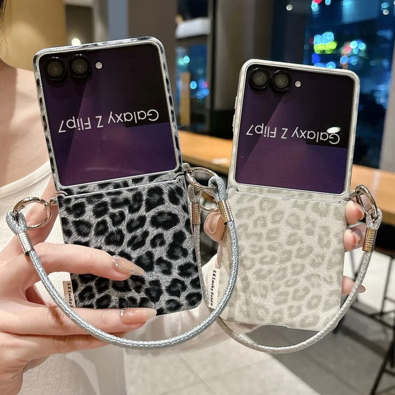 Korean Gray Leopard Print Phone Case For Samsung Galaxy Z Flip 7 6 5 Flip7 FE Cover with long Hand Rope Cute Cases Funda