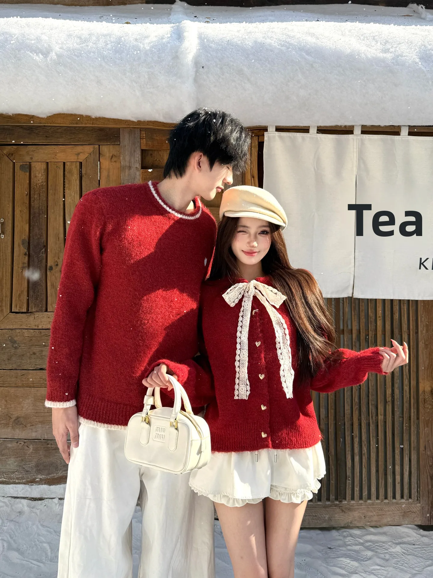 Red Knitted Sweater Coat for Men And Women Sweet Engagement New Year Couple Outfit Autumn Winter Fashion Trendy Long Sleeve r...