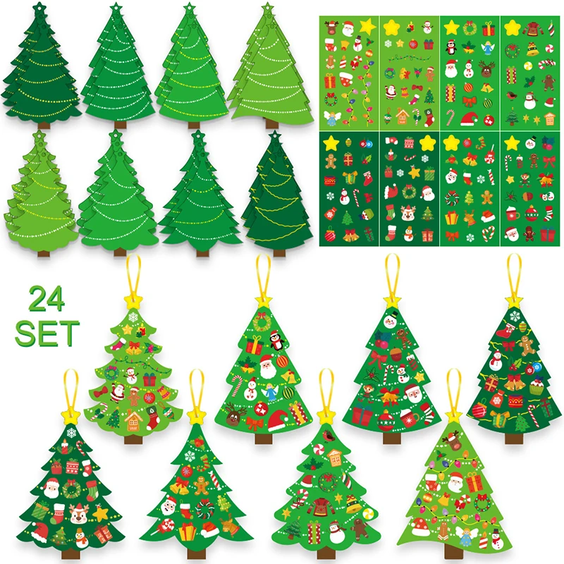 

24 Sets Christmas Tree DIY Craft Kit - Create Your Own Holiday Greeting Cards with Stickers, Perfect for Xmas Party Kids Gift