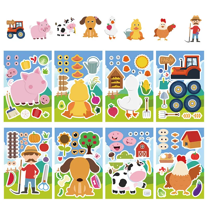 8/16sheet Animal Farm Make a Face Puzzle Stickers Kids Funny Professional Dress Change Cartoon DIY Decals Boys Girls Party Toys
