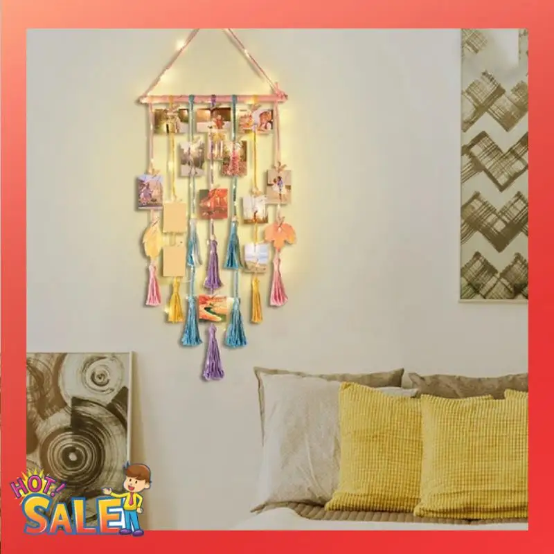 

ABCL Wall Hanging Picture Display Macrame With Fairy Light And Clip Boho Woven Photo Collage Frame Tassels As Shown Easy To Use