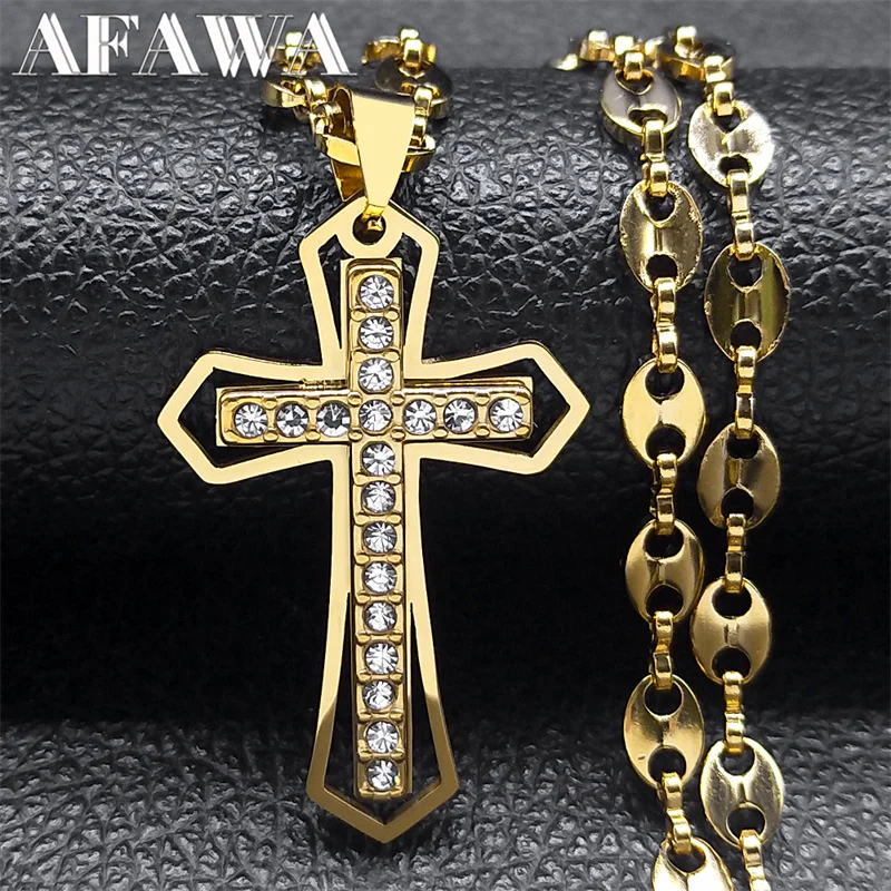 Christian Cross Pendant Necklace for Women Men Stainless Steel Gold Color Coffee Bean Chain Catholic Jewelry colar masculino