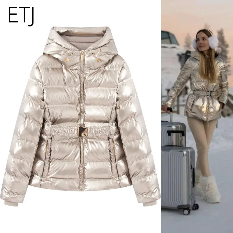 ETJ 2025 Women's Winter New Collection Y2K Golden Luster Pressure-sensitive Rubber quilted hooded Windproof and warm Jacket