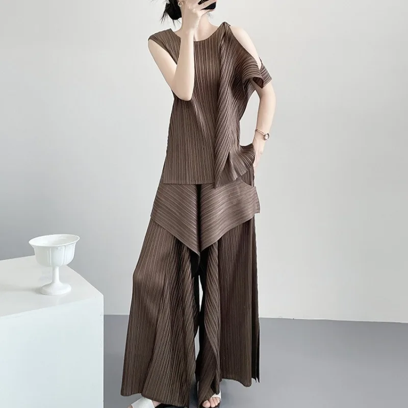 Pleated Kelp Top Set 2026 New Irregular Design Sleeveless Vest T-Shirt Loose Casual Sweat Pants 2 Piece Set Office Wear