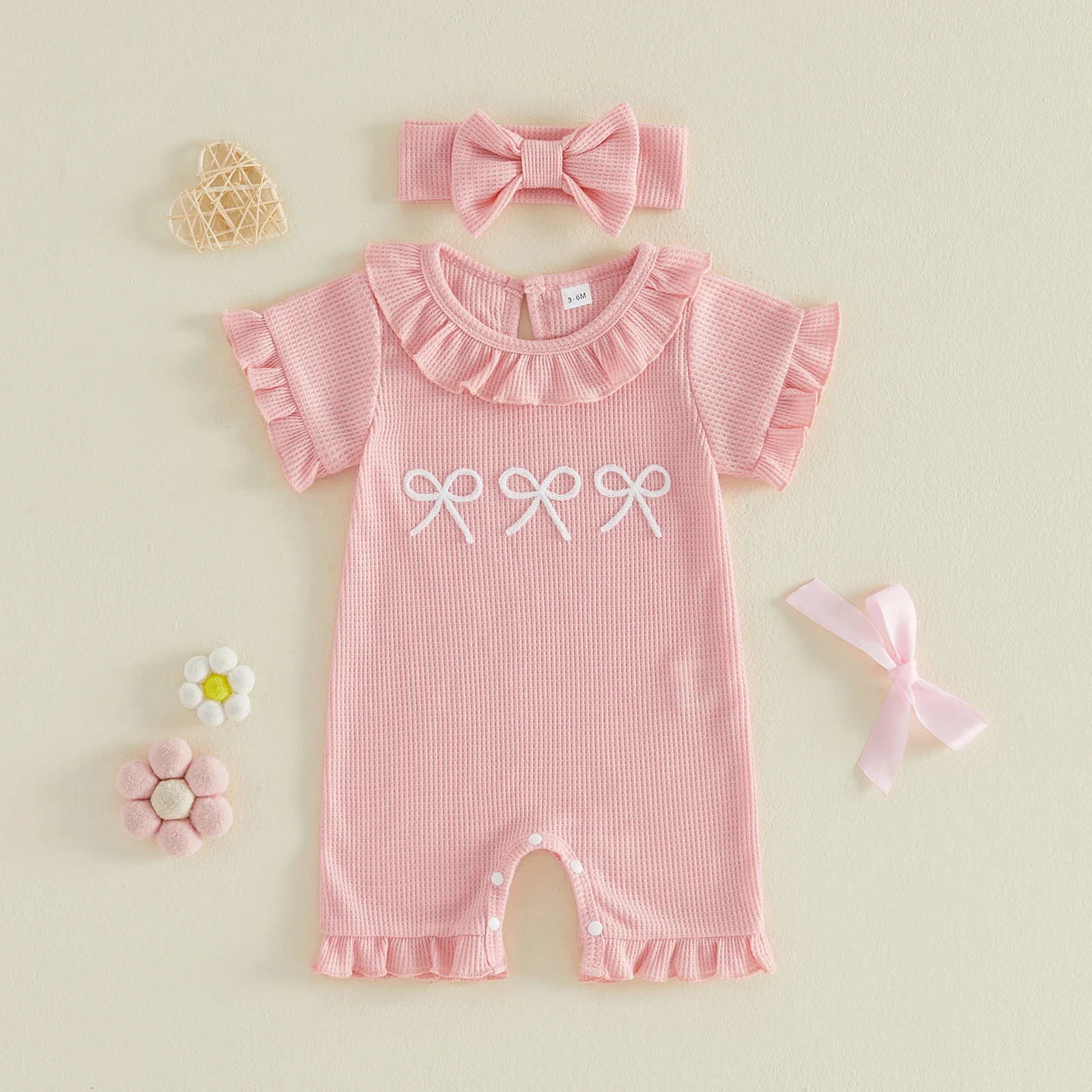 Baby Girl Summer Waffle Ruffles Jumpsuits Romper Bow Embroidery Short Sleeve Jumpsuit with Headband
