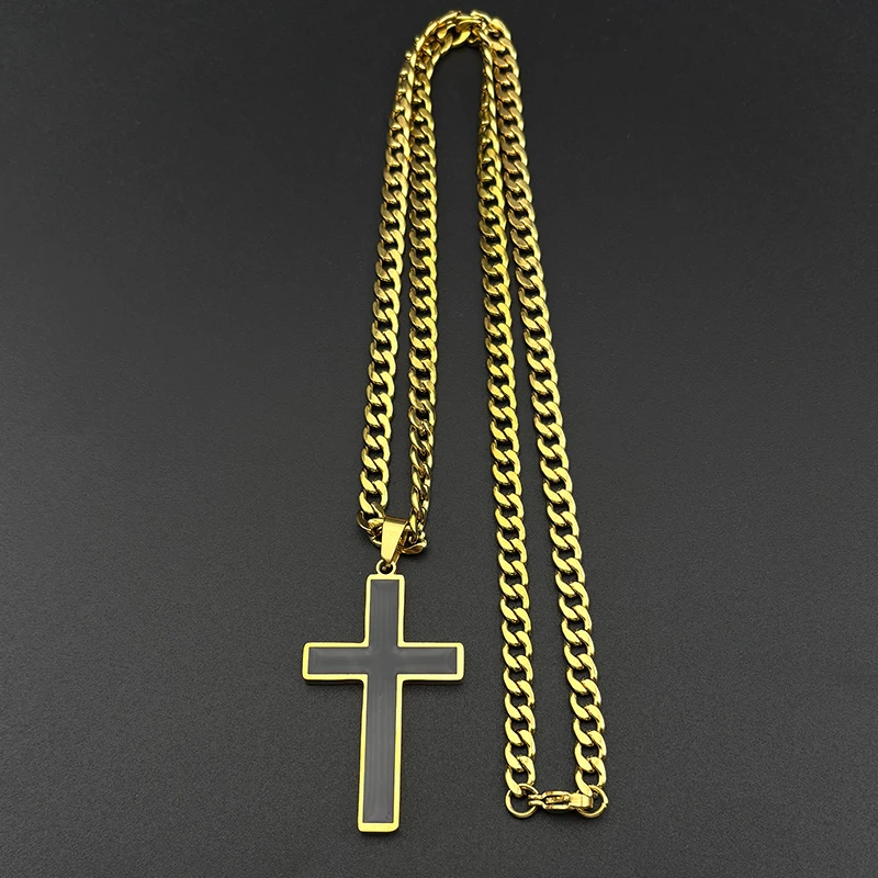 كريستيان الصليب الفولاذ المقاوم للصدأ يسوع المسيح الأسود المينا قلادة قلادة النساء الرجال الذهب اللون سلسلة القلائد تميمة المجوهرات