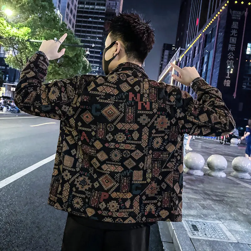 Neue frühling Herbst Revers Denim Jacke männer Trendy Ethnischen Stil Druck Cowboy Mantel