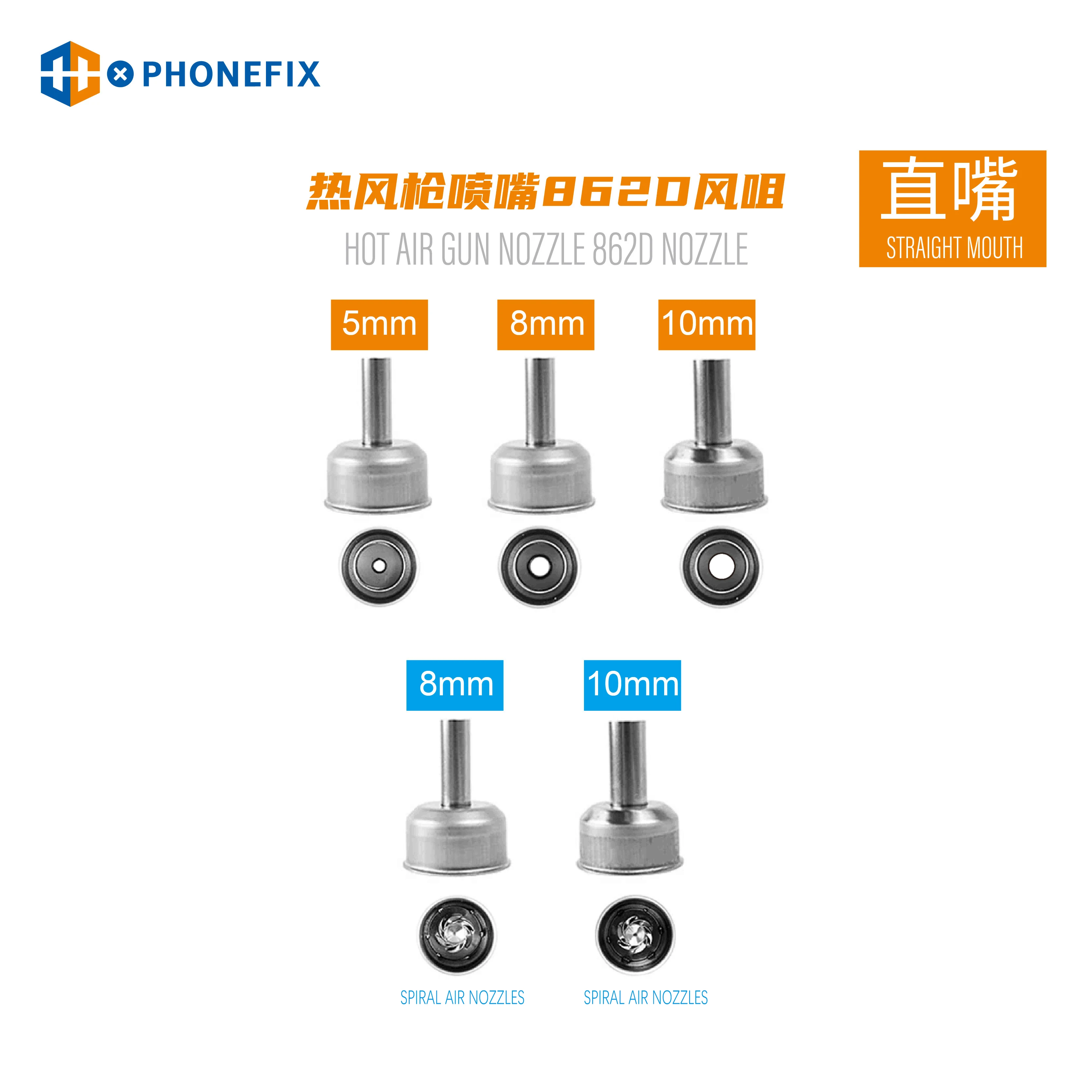 Phonefix ST862D Hot Air Gun Nozzles Straight Head Curved Head Nozzles Spiral Straight Air Tips for Phone Desoldering Repair