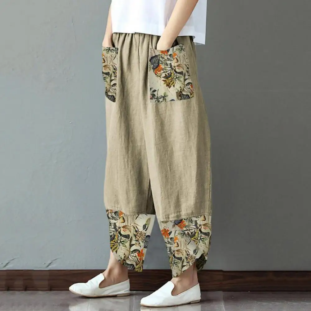 Vintage Printed Harem Pants Women Trousers Casual Elastic Waist Cotton Linen Wide Leg Pants Loose Summer Plus Size Pant