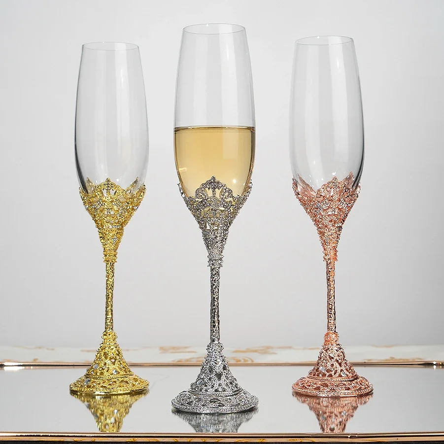 2Pcs Crystal Champagne Flute Set Wedding Glasses Metal Base With Crystal Stone for Couple Engagement Wedding House Warming Gift