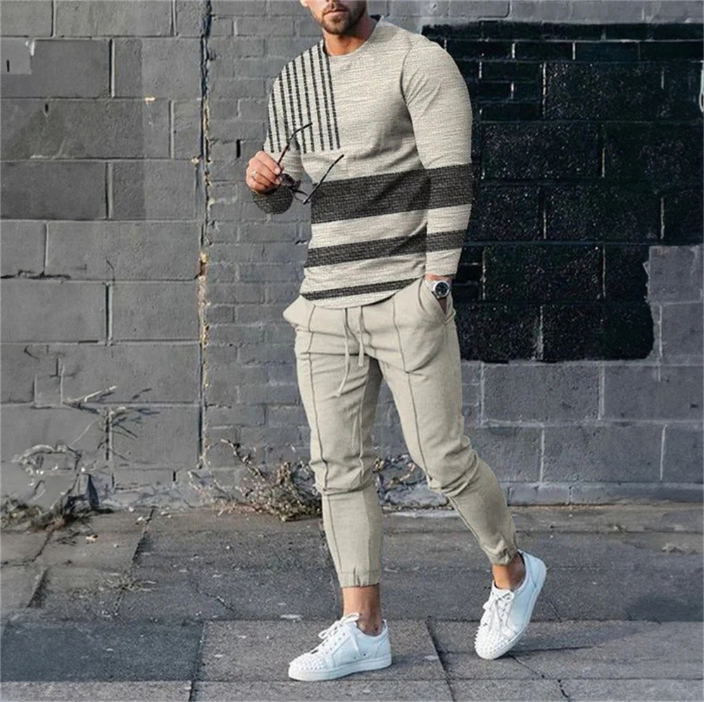 Fashion Gradient 3D Print Men\'s Sportswear Set Casual Long-Sleeved T Shirt Pants 2-Piece Set Oversized Pullover Men Clothing