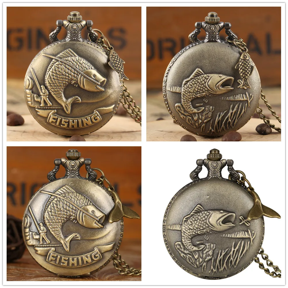 Bronze Fishing Fish Display Quartz Pocket Watch Sweater Chain Pendant Necklace Watch Birthday Gifts for Fisherman