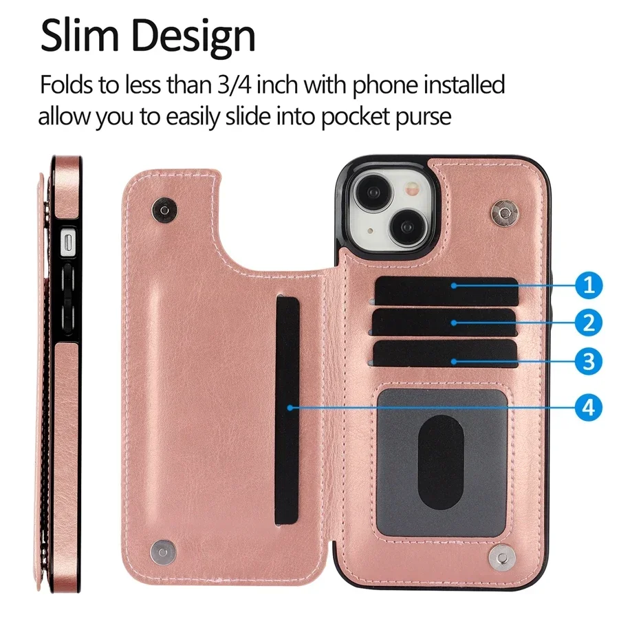 Wallet Solid Double Button Card Stand Flip Leather Case For iPhone 16 Pro Max 15 Plus 14 13 Mini 12 11 SE3/2022 SE2/2020 XR 8 7