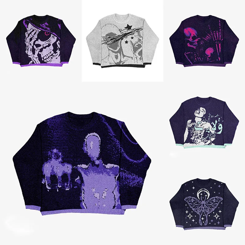 

Street Sle Punk Свободный крой Long Sve свитер с героями мультфильмов k Вязаный топ с цветочным принтом и рисунком головы скелета Эстетическая осенняя одежда