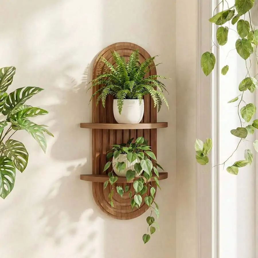 Boho Wall Decor Brown Plant Wall Shelf, Mid Century Modern Decor Hanging Plant Shelf, 2-Tier Wooden Floating Shelves For Home, Bathroom Bedroom Living Room, Office Holding Planter Decoration