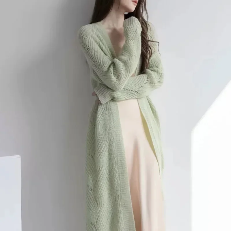 Sweater Cardigan Knitted Jacket in The Long Women's Spring and Fall Loose Hollow Outer Take Mohair Lazy Wind Blouse