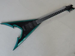 Black V Shaped Electric Guitar with Tremolo,Rosewood Fretboard,24 Frets,Green Binding/Inlay