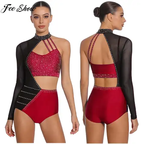 Women Figure Skating Gymnastics Ballet Leotard Latin Dance Tango Cha-cha Rumba Samba Bodysuit Rhinestone Mesh Cutout Jumpsuit