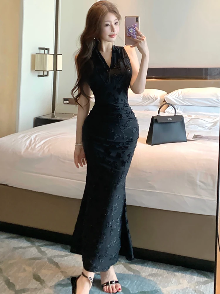 Abito da gala di lusso con volant pieghettato jacquard nero Abito da festival aderente vintage estivo da donna 2025 Abiti eleganti coreani Hepburn