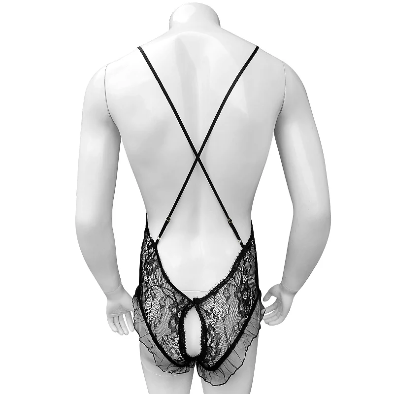 Lace Ruffles Mens Lingerie Set Bodydoll See Through Black Sissy Open Crotch Bodysuit Sexy Erotic Sleepwear Nightwear