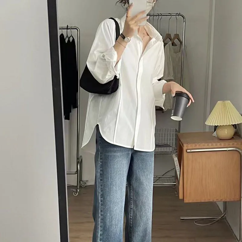 Lucyever White Long Sleeve Blouse Women Spring Summer New Loose Design Lapel Shirt Woman Korean Single-Breasted Office Shirts