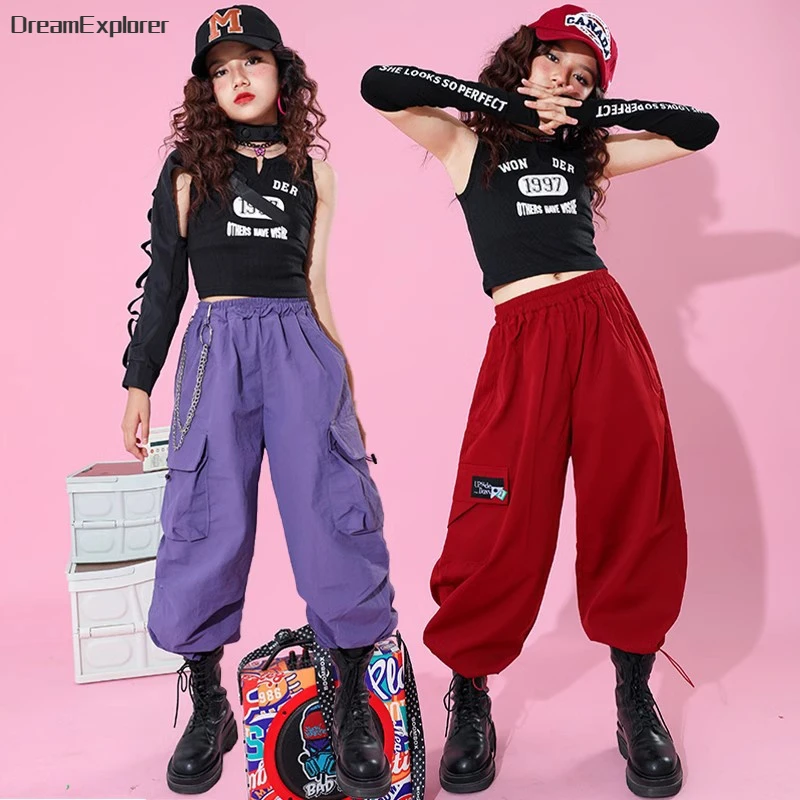 

Girls Hip Hop Crop Tank Top Cargo Pants Children Solid Joggers Streetwear Clothes Sets Kids Cool Street Dance Jazz Show Costumes