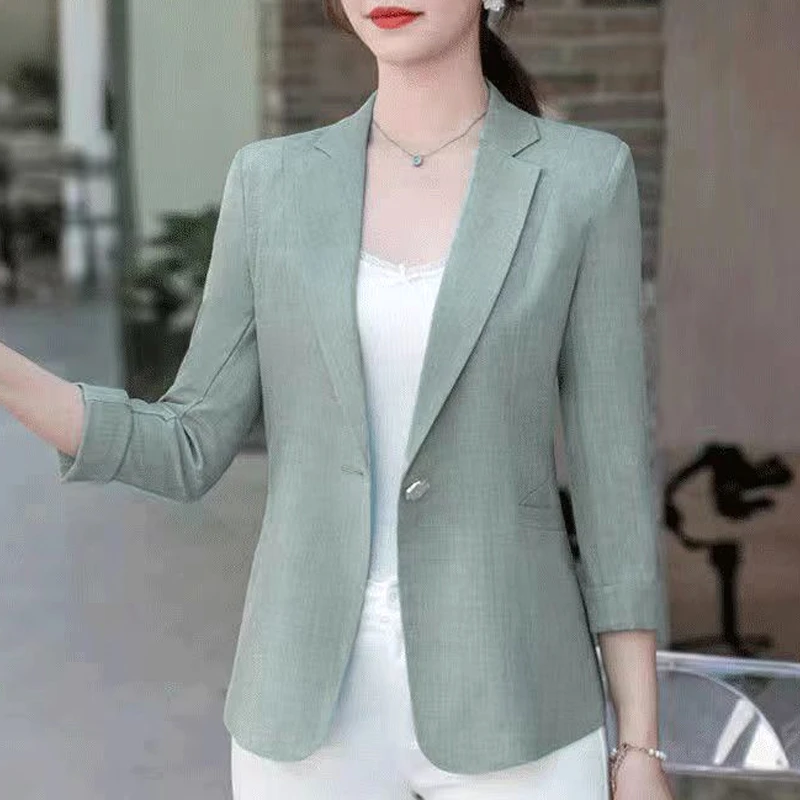 

Notched Button Skinny Temperament Solid Color Formal Office Lady Fashionable Blazers Three Quarter Sleeve Women's Clothing D80