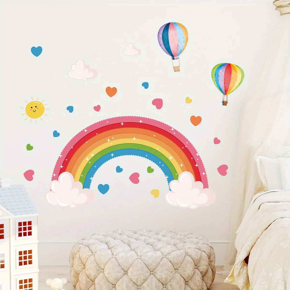 Cartoon Cute Rainbow Colorful Heart Balloon Sun Wall Stickers Removable for Bedroom Living Room Nursery Decoration Wall Decal