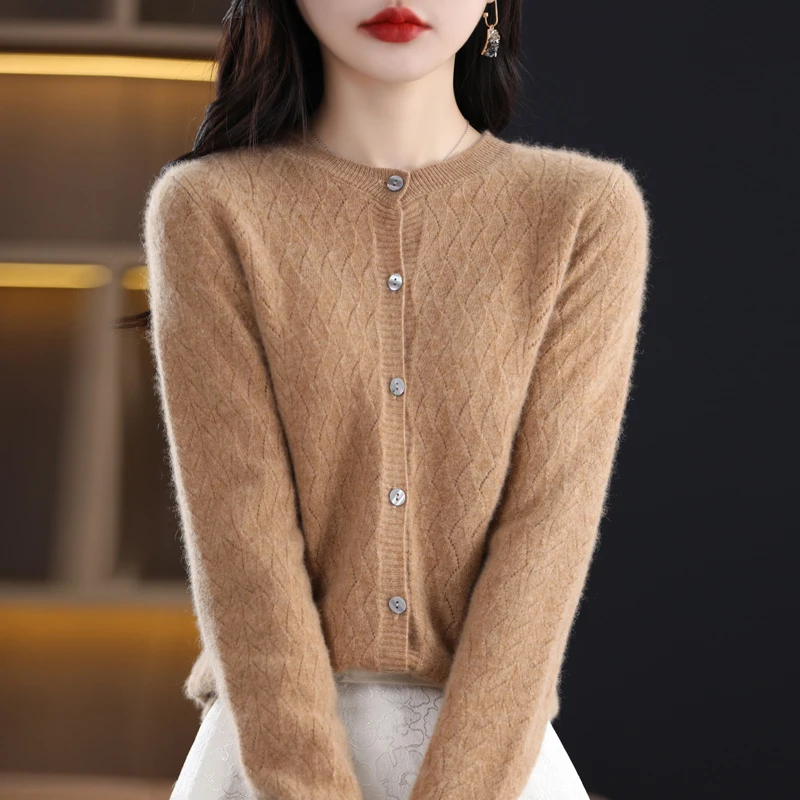 Fashion Button O-neck Sweater Wool Cardigan Women High Street Wave Hollow Out Autumn Winter Casual Knit Long Sleeve FemaleTops