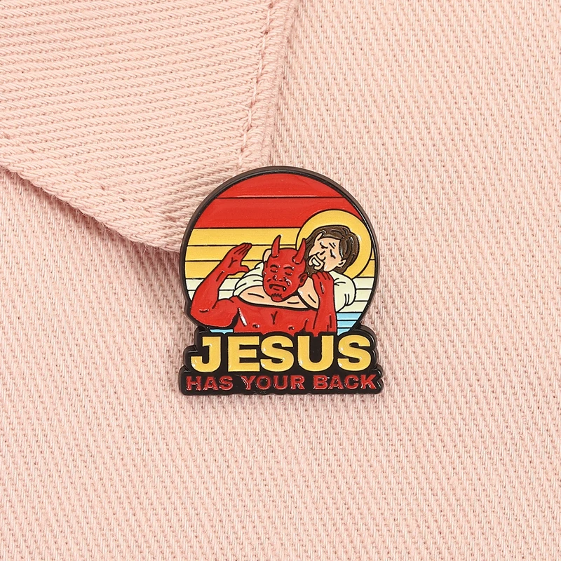 Jesus hat deinen Rücken Emaille Pin Jesus mit Teufel Christian Jiujitsu Religiöser Glaube Brosche Revers Abzeichen Schmuck Geschenk für Freunde