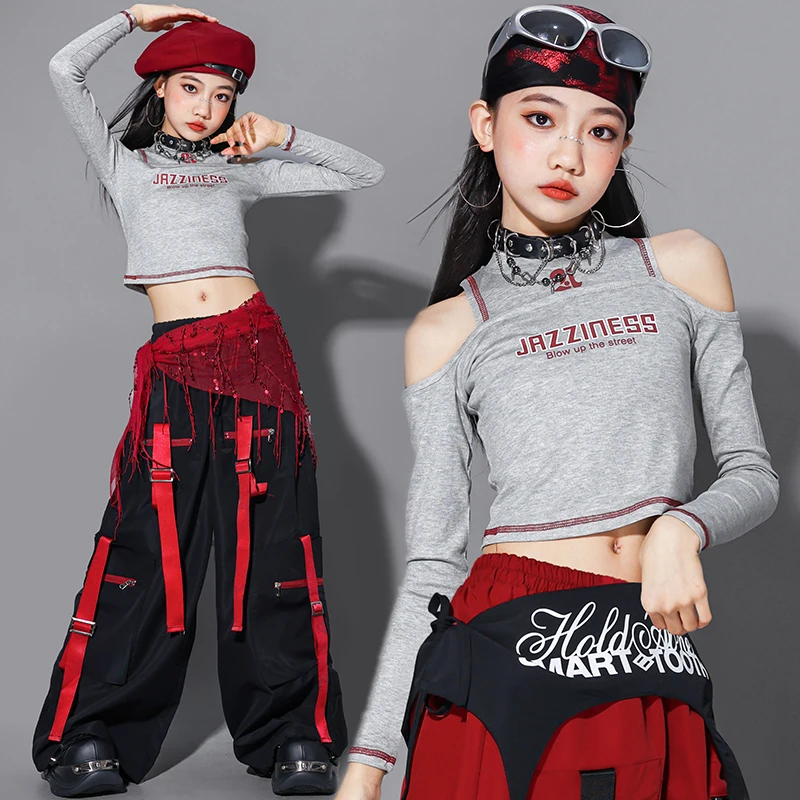 

Костюм для джазового танца Kpop Girl Group Performance Wear Серый укороченный топ Красные брюки Хип-хоп Уличная танцевальная одежда Одежда для городских танцев AMY2961