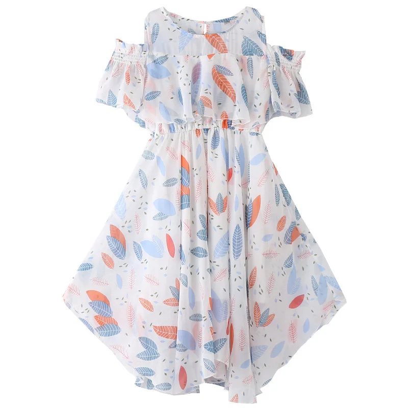 2023 teens Summer baby Girls Dress Clothes mesh leaf Bohemian Floral Off Shoulder chiffon Long Beach 3 4 5 6 7 8 9 10 12 years