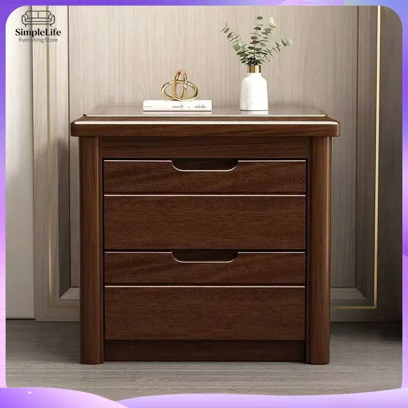 Solid Wood Bedside Table with 3 Drawers Lockable Chinese Retro Modern Bedroom Nightstand Storage Chest for Small Spaces