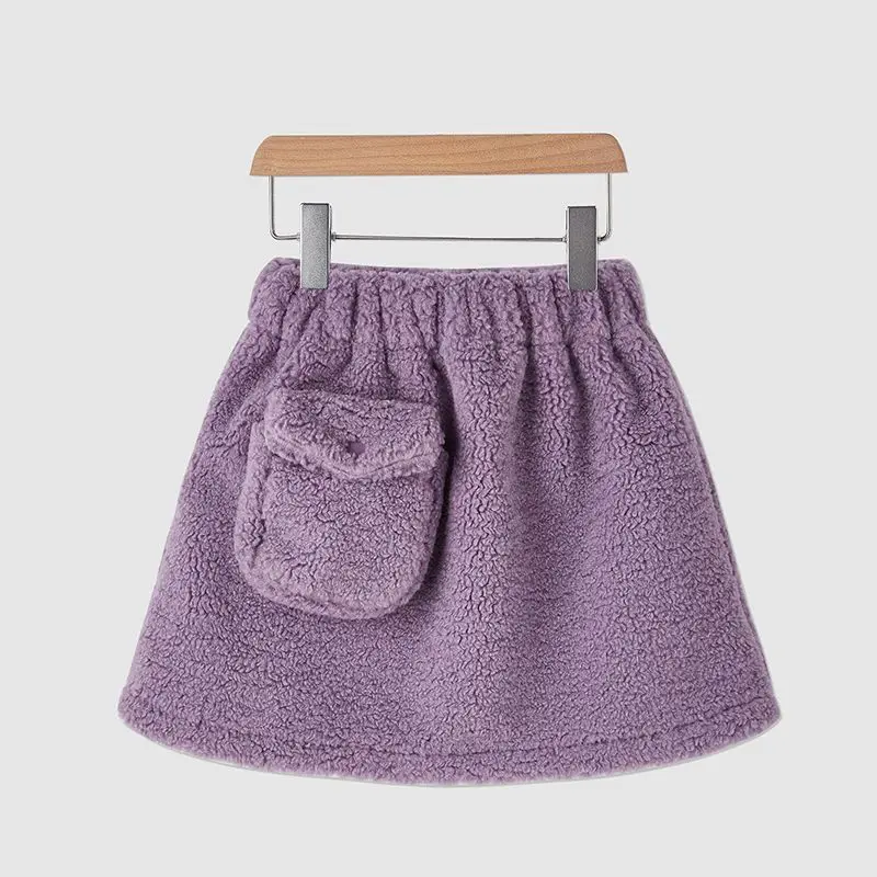 Soft Fleece A-Line  Skirt Women's Unique Pocket Design Korean Style Autumn Winter Short Skirt Commute High Waist Loose Fit