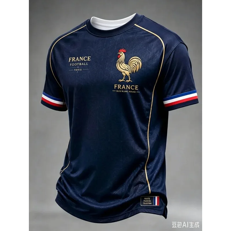 France National Team Football Jersey, 3D Printed Breathable Quick Dry T-shirt With Two-Star Golden Gallic Rooster Emblem