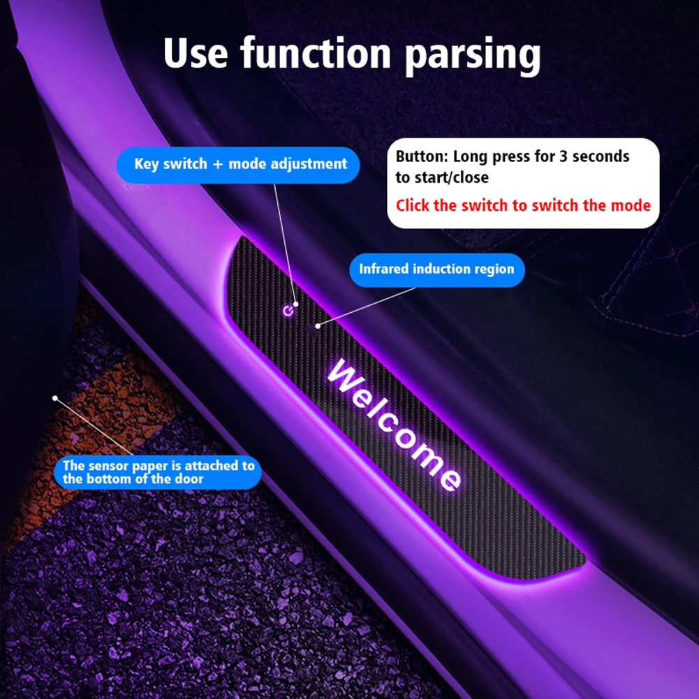 2PCS Car Door Sill Light LED Threshold Light Automatic On/Off Infrared Sensing Pedal Welcome Light Carbon Fiber Atmosphere Light