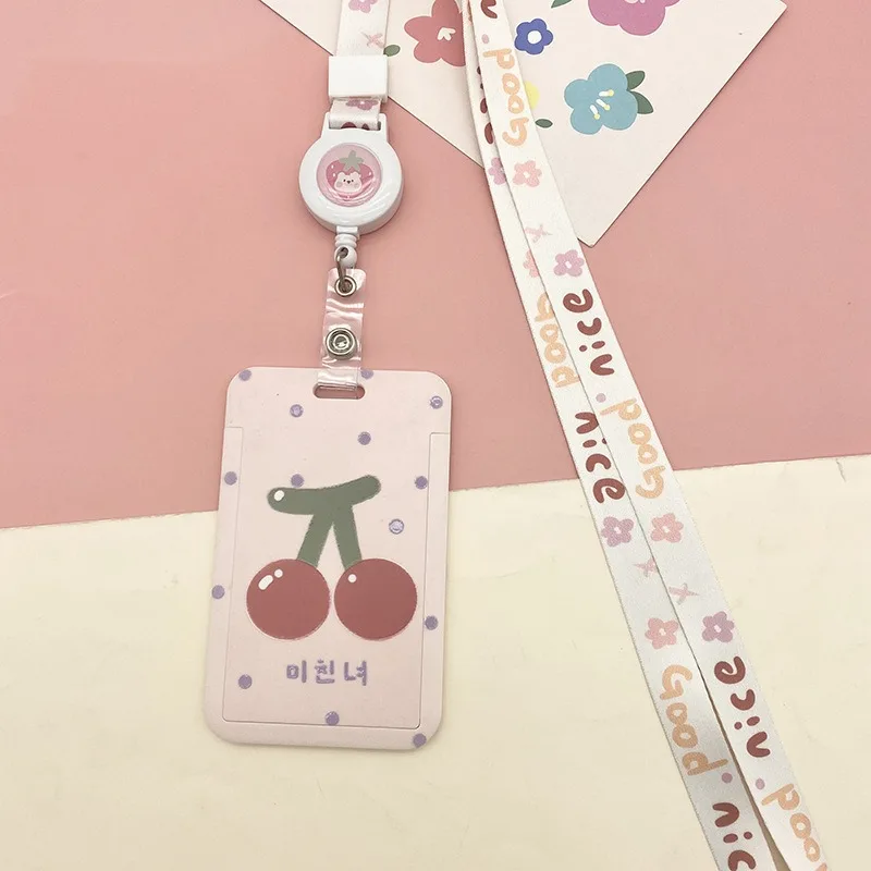 Tarjetero de acceso de dibujos animados con cubierta deslizante, tarjeta de comida portátil de plástico para estudiantes, tarjeta de autobús con hebilla retráctil, cubierta de tarjeta de identificación