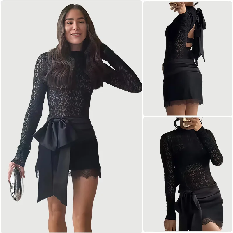 Satin Bow Lace Bodysuit Mini Skirt Suit Women Semi-sheer Hollow Out Top Mid-rise Lace Trim Hem Skirts New Lady Y2K Outfit