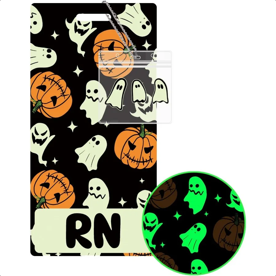 

RN Badge Buddy Card Holder Pumpkins Ghost Halloween Glowing in The Dark Luminous Badge Buddy with Storage Bag Nurse Nursing Acc