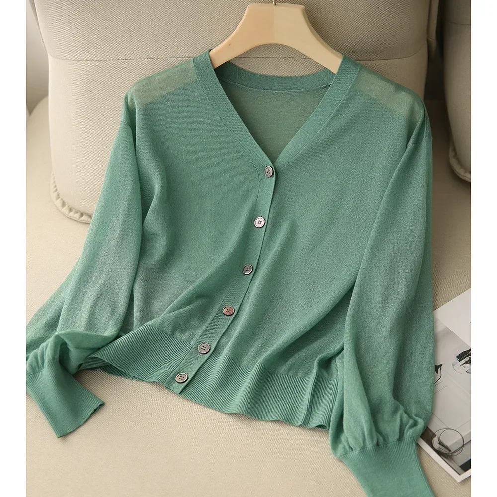 

Summer Casual Thin Knit Cardigan Women Lightweight Sun-Proof V-Neck Elegant Korean Single Breasted Lantern Sleeve Sheer Top