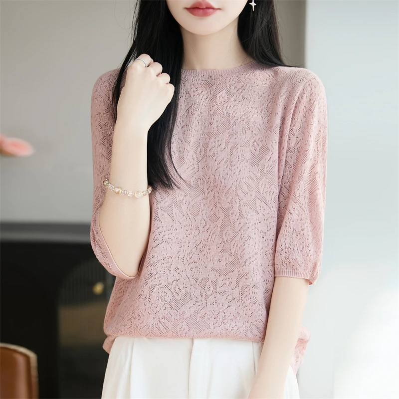 

Women's round neck T-shirt summer new wool knitted short sleeved casual solid color women's pullover Korean version loose top