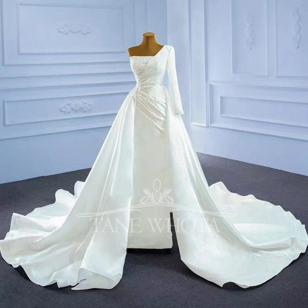 One-Shoulder Beaded Lace Up Back Ruched Wedding Dress Customizable Ceremony Bridal Gown