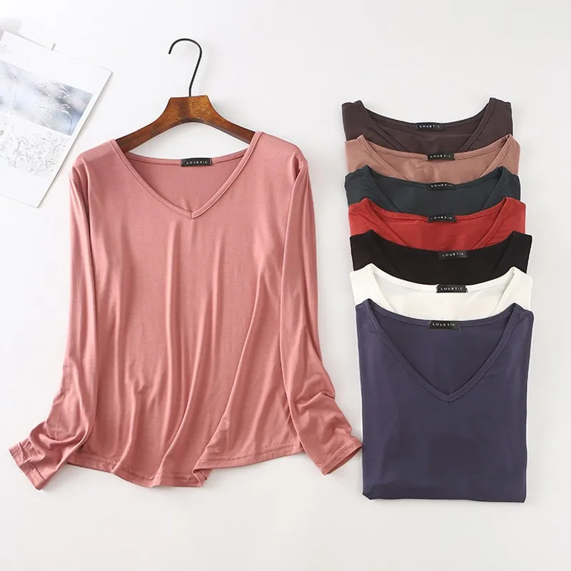 Jesienna modalna koszulka damska luźna koszulka z dekoltem w kształcie litery V z długimi rękawami Casual Base Tee Tops koszulka w jednolitym kolorze