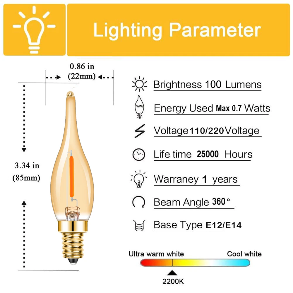 Filament Led bulb E14 220V 1W E12 110V Vintage Warm White Replaceable Retro For Chandelier Crystal Lamp Decoration Living Room