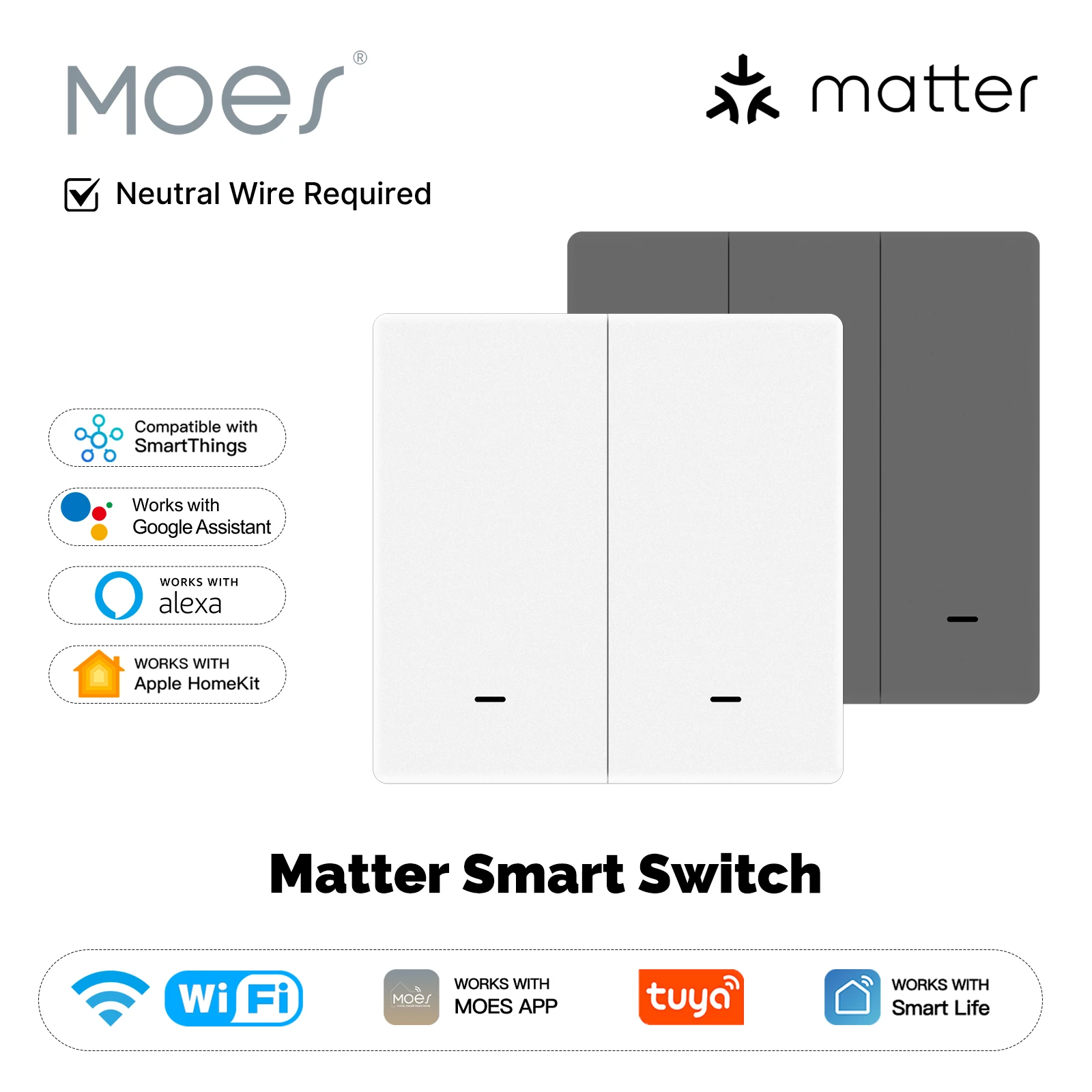 MOES Matter WiFi Smart Light Switch Neutral Wire Required 1/2/3 Gang Wall Switch Work with Apple HomeKit Alexa Google