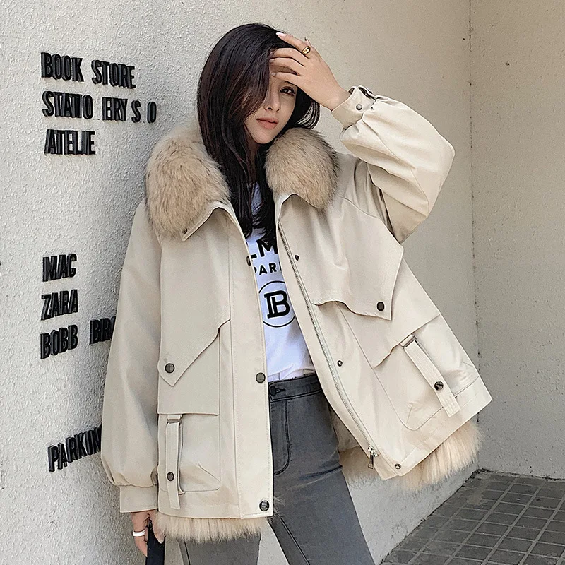 Women\'s New Detachable Raccoon Dog Fur Collar Coat Korean Style Rabbit Hair Inner Liner Fox Hair Female Motorcycle Jacket