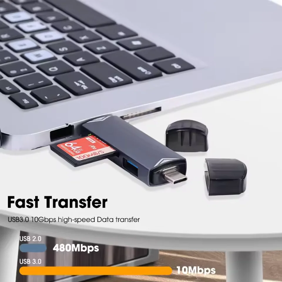6 In 1 Type C OTG Adapter SD TF Card Reader USB Connector For iPhone 15 16 Pro Max Samsung Xiaomi Phones