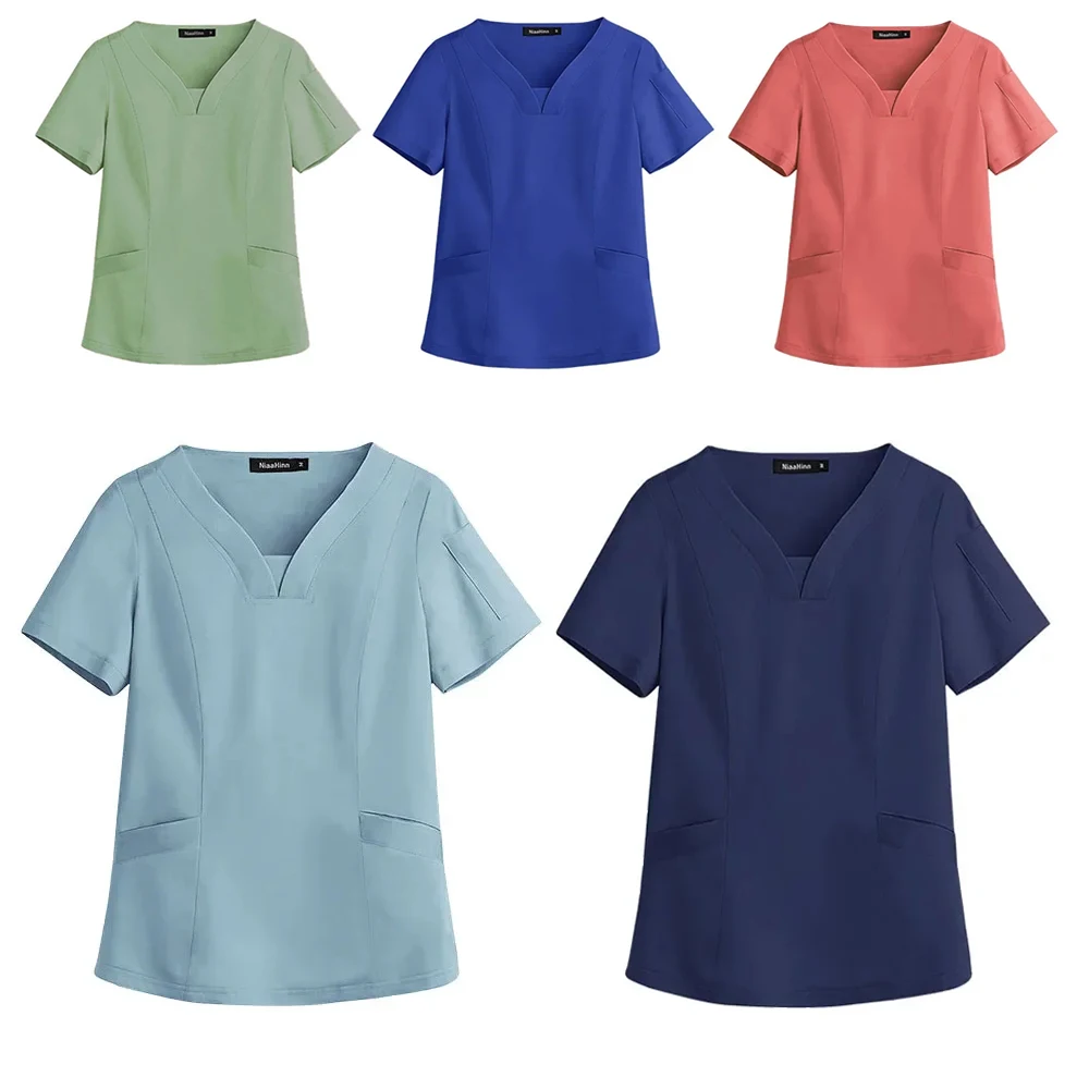 Scrdécentrfor-Haut rond pour femmes, uniforme avec 3 poches, hôpital, école de médecine, laboratoire, clinique dentaire, spa