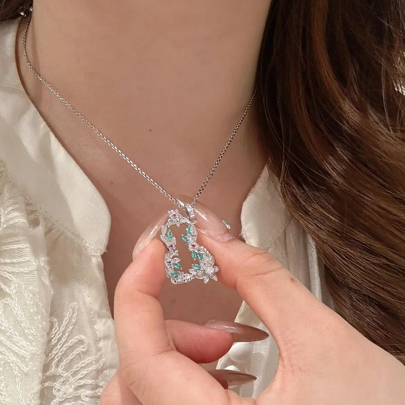 Beautiful and unique Paraiba gemstone floral gourd necklace silver 925 inlay diamond fashion collar chain wedding jewelry