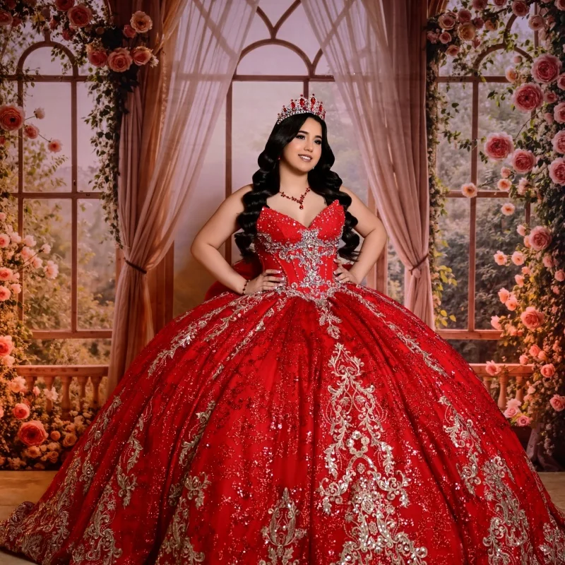 

Shiny Red Quinceanera Dresses Off the Shoulder Golden Glitter Crystal Decal Long tail Bow Vestidoe 15 Quinceanera Customize